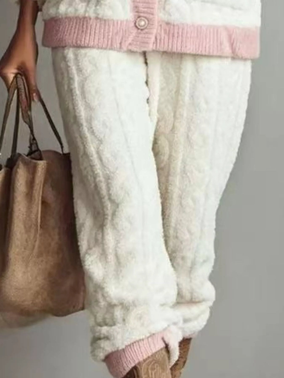 Trendsi Peach Fleece Contrast Trim Top and Pants Lounge Set -