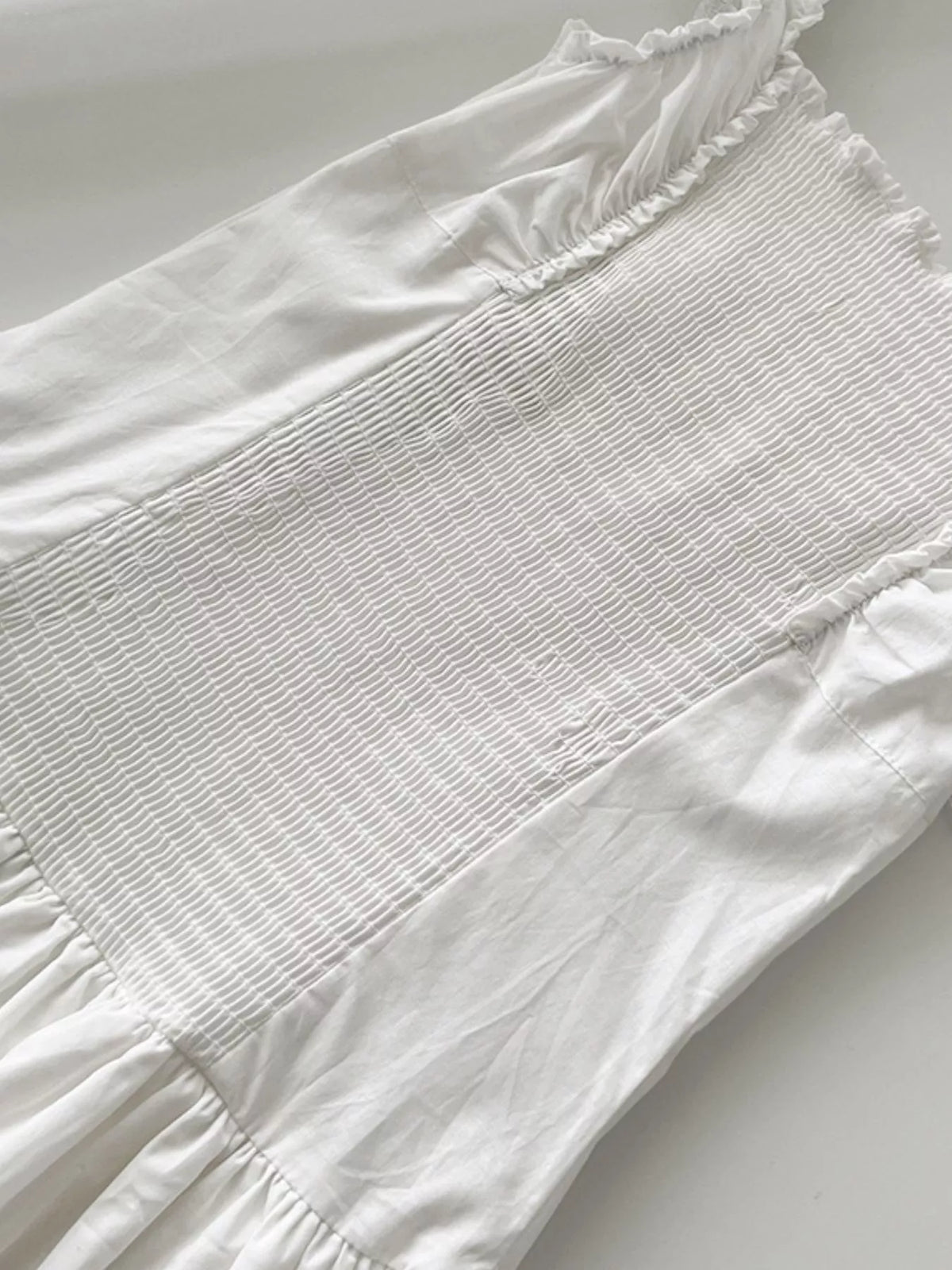Women's Ruffled Square Neck Tiered Maxi Dress in white — back detail view