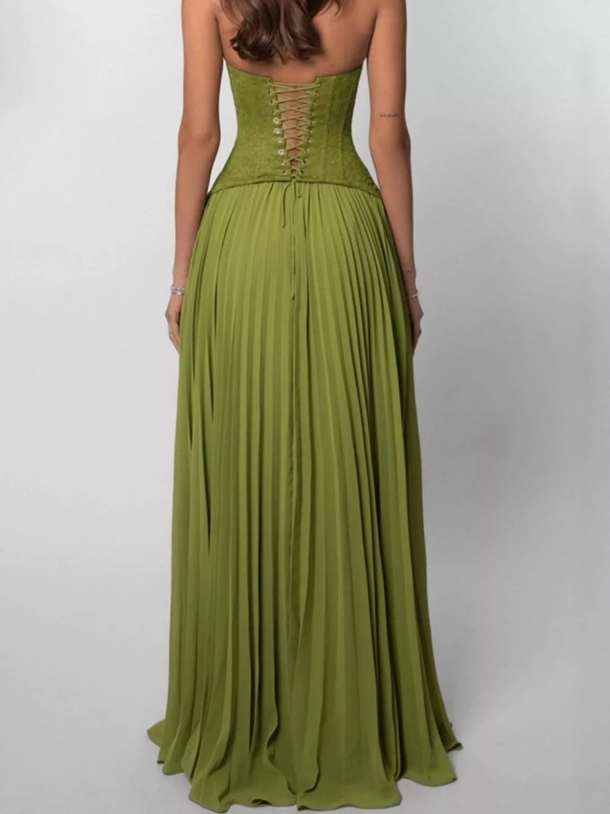 Lace Halter Neck Pleated Maxi Dress — back view