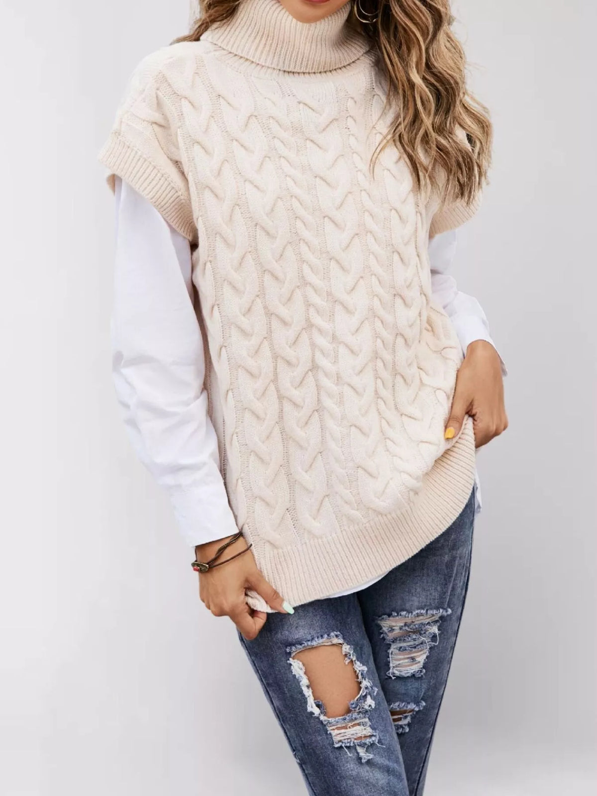 Trendsi Chunky Knit Turtleneck Cap Sleeve Sweater -
