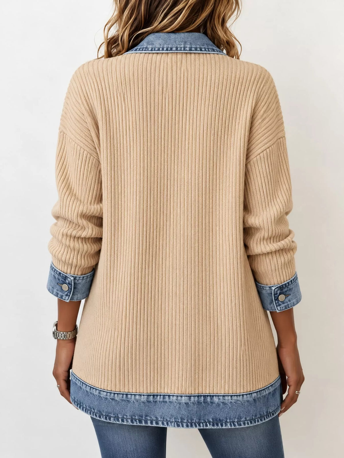 Beige denim trim ribbed knit cardigan, back view