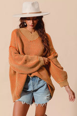 Trendsi SO ME Oversized Two Tone Textured V Neck Sweater -