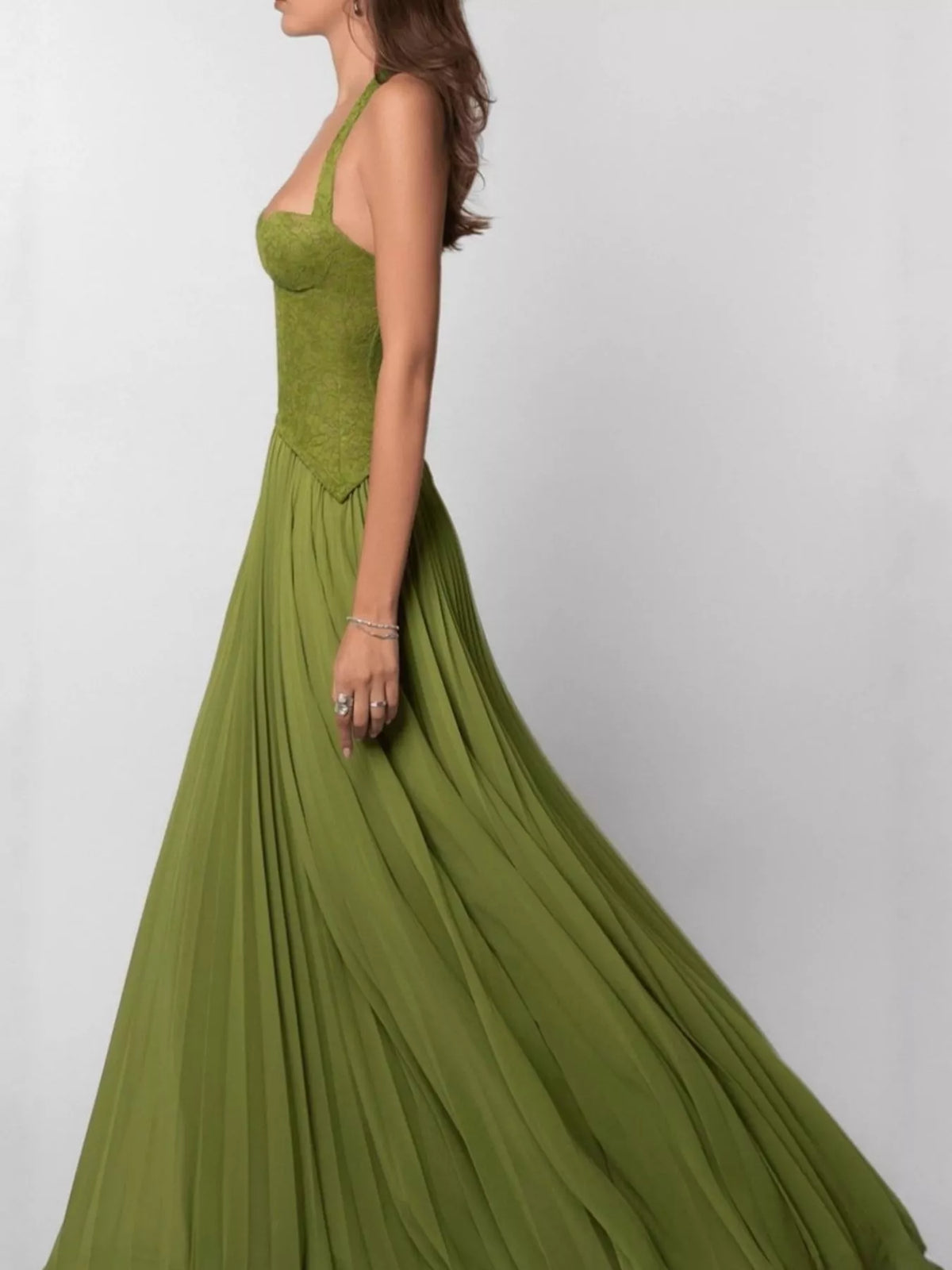Lace Halter Neck Pleated Maxi Dress — side view