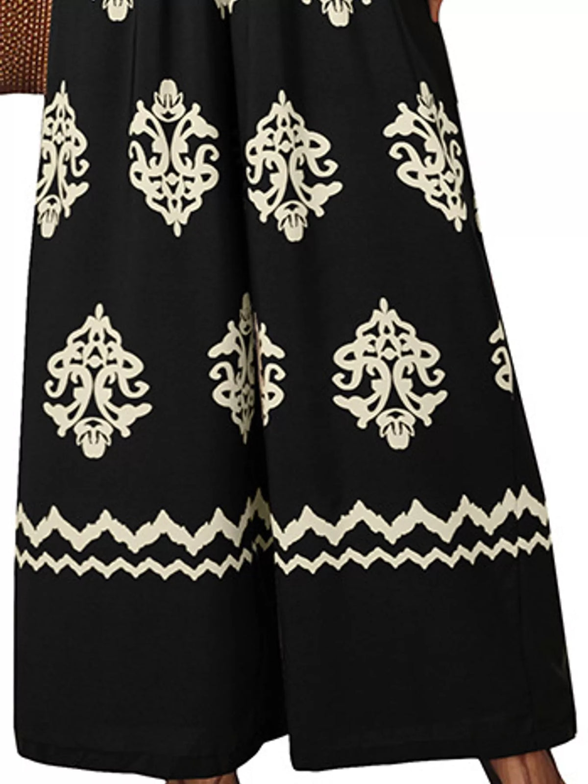 Wide-leg ornamental-print short-sleeve jumpsuit, garment detail