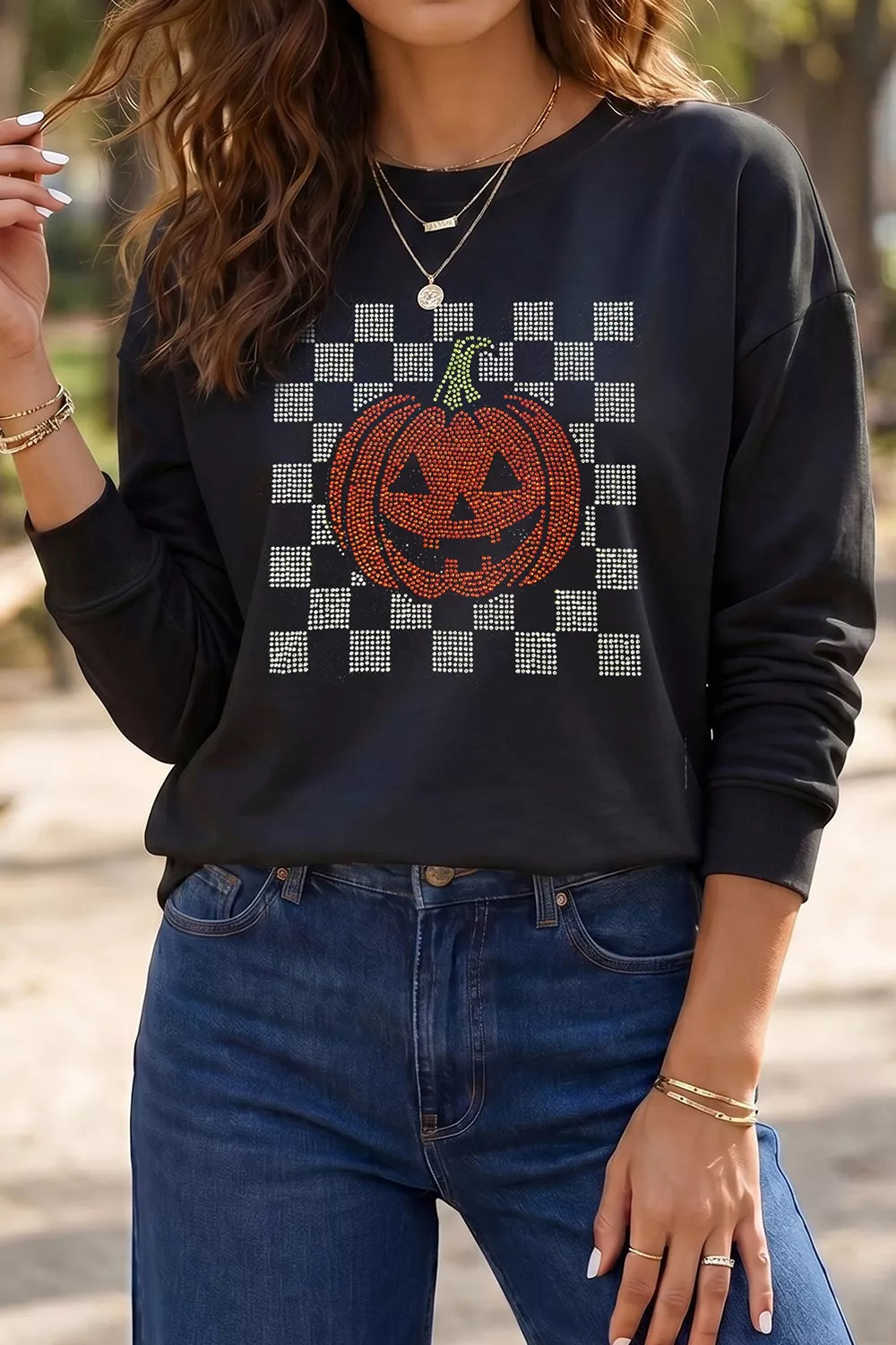 Trendsi Rhinestone Pumpkin Long Sleeve Sweatshirt -