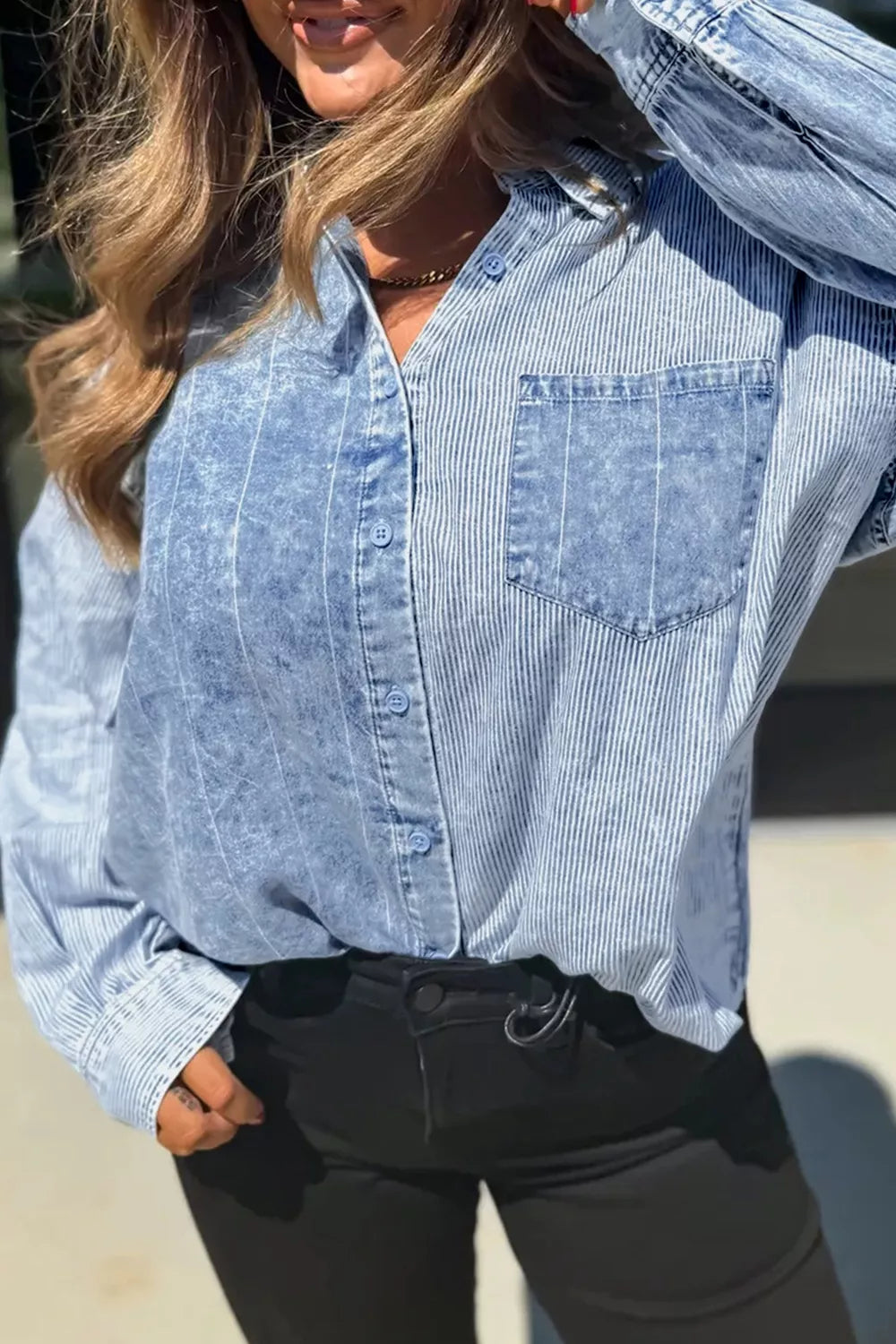 Trendsi Button-Down Front Striped Denim Shirt -