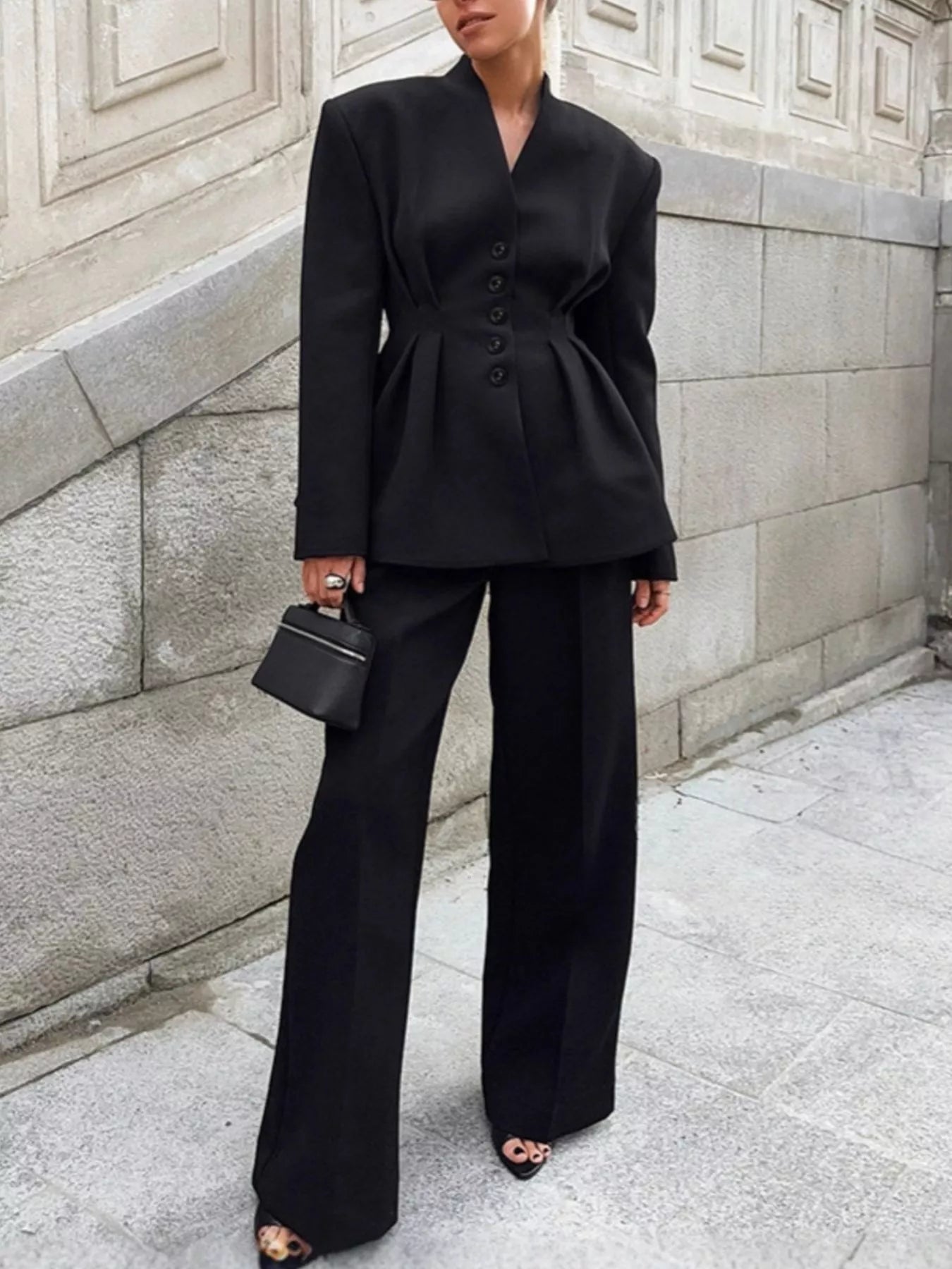 Trendsi Chic Button Down Pleated Blazer and Wide-Leg Pants Suit Set - Outerwear