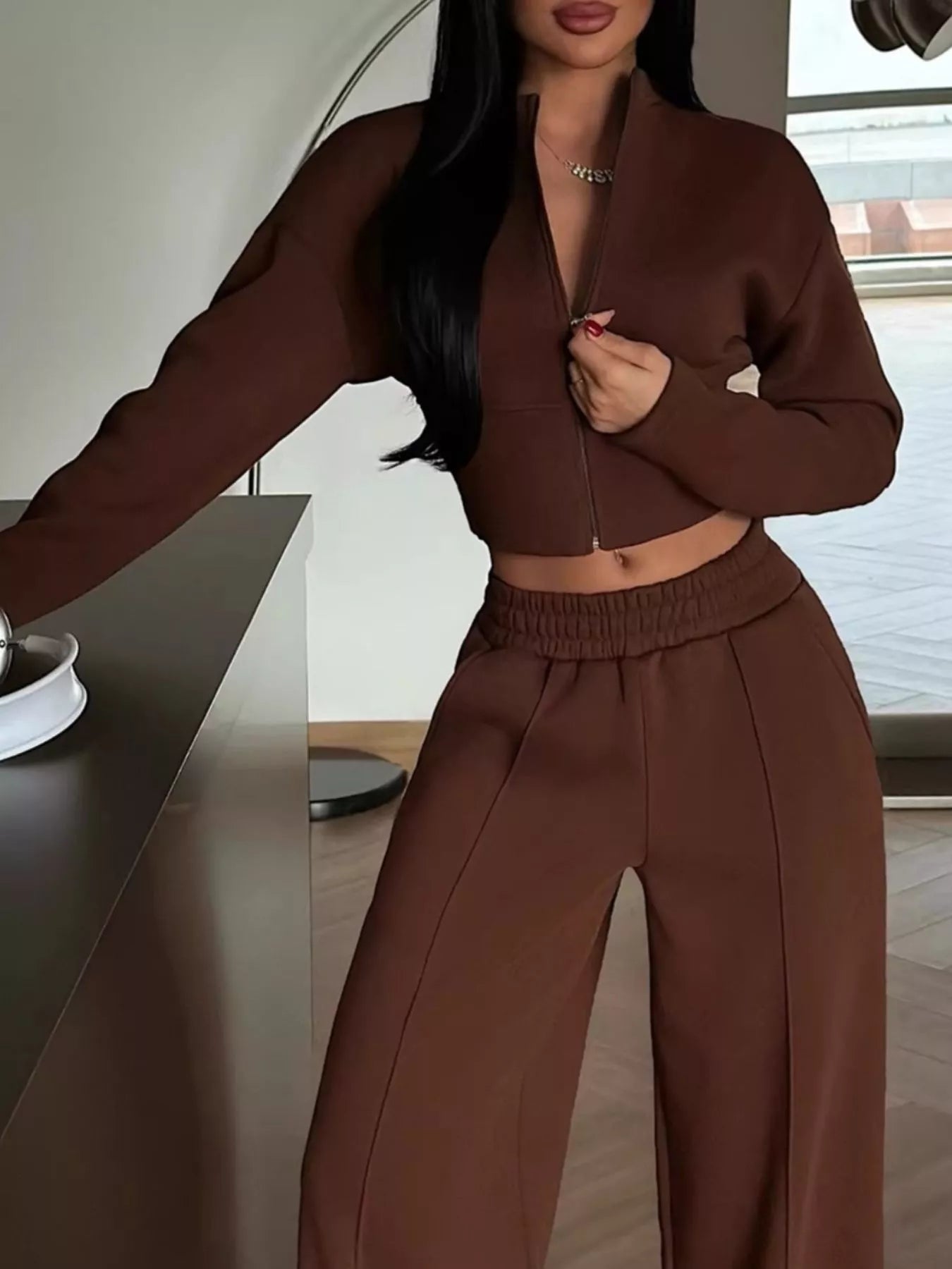 Trendsi Zip-Up Crop Jacket and Wide-Leg Pants Set -