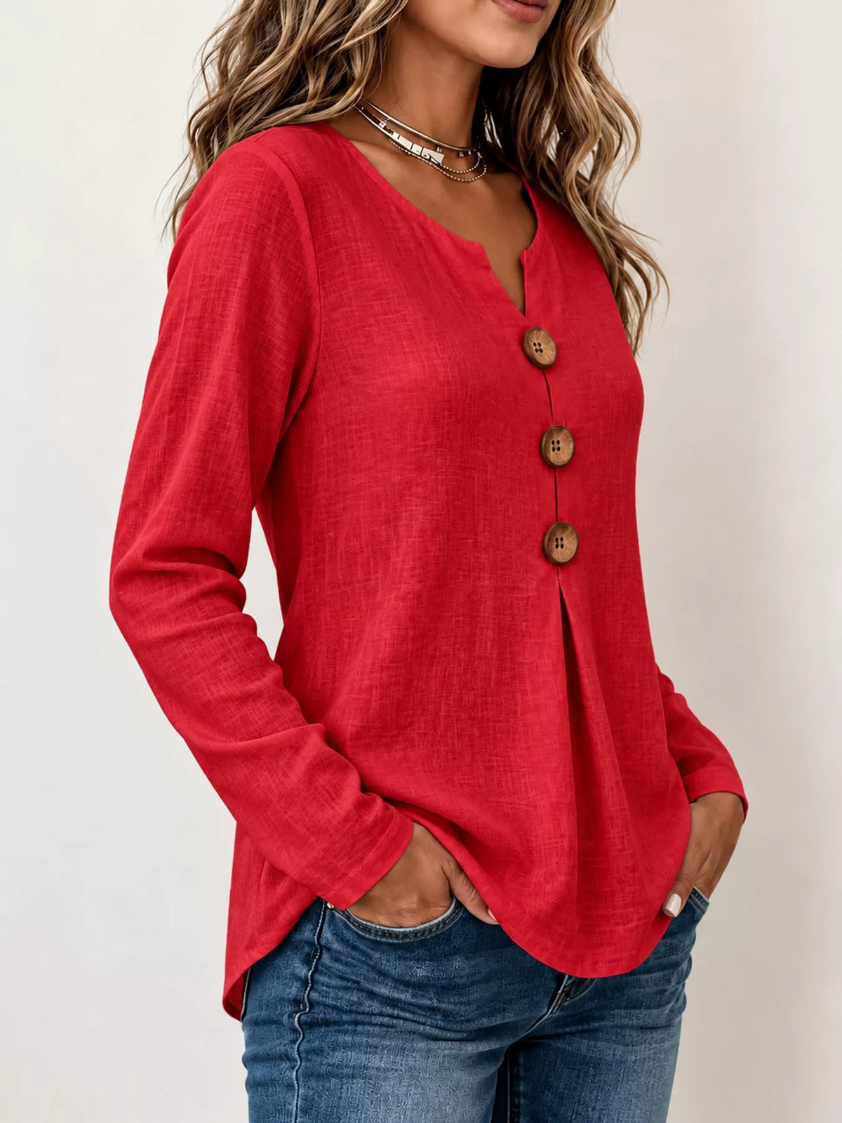 Red long sleeve decorative button blouse
