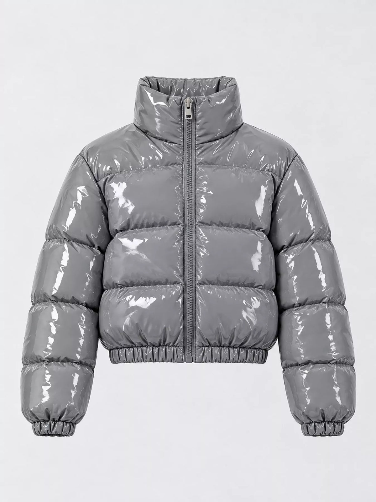 Glossy Stand-Collar Zip-Up Puffer Jacket — garment front