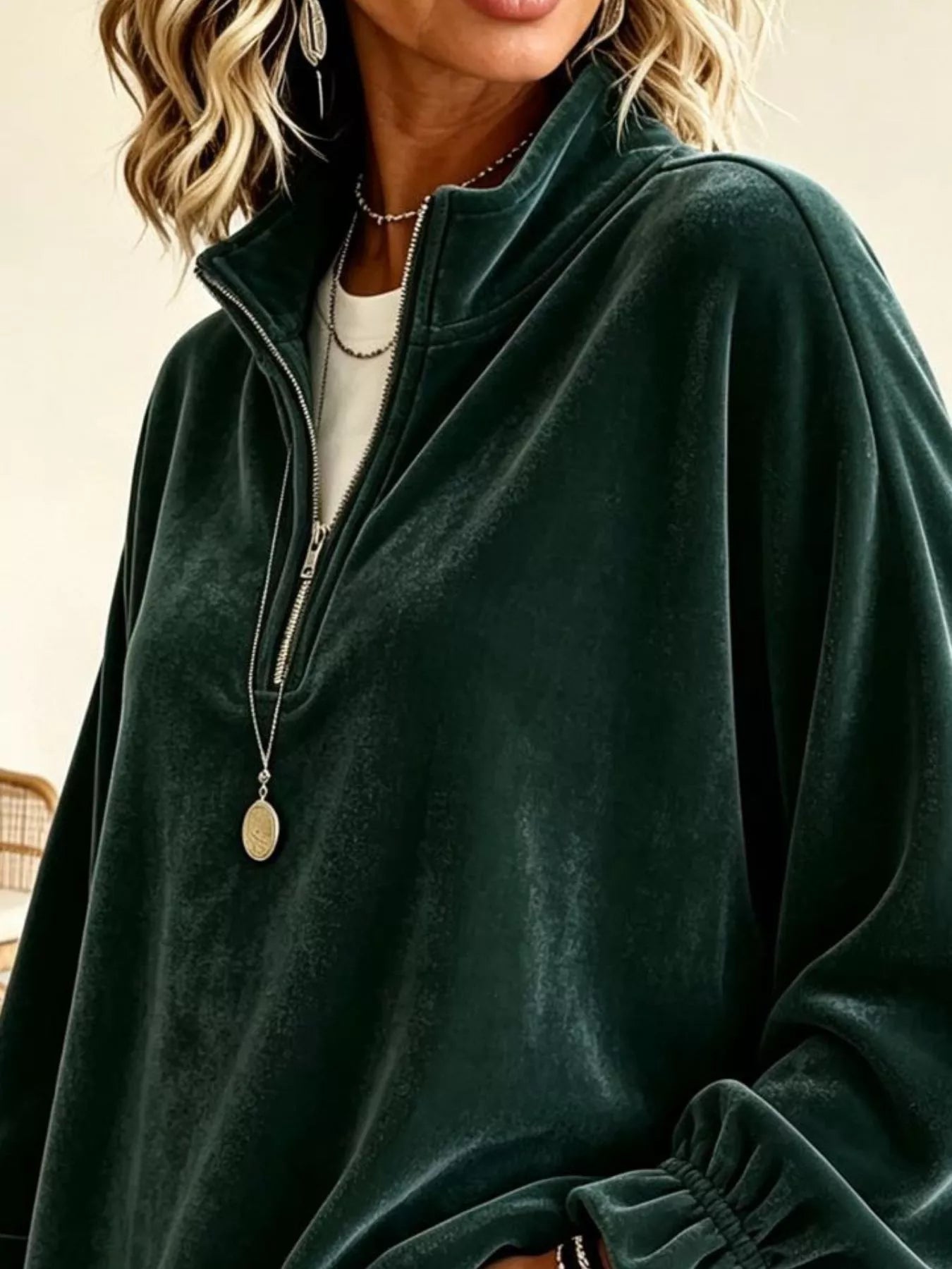 Trendsi Velvet Quarter-Zip Sweatshirt with Ruffled Cuffs -