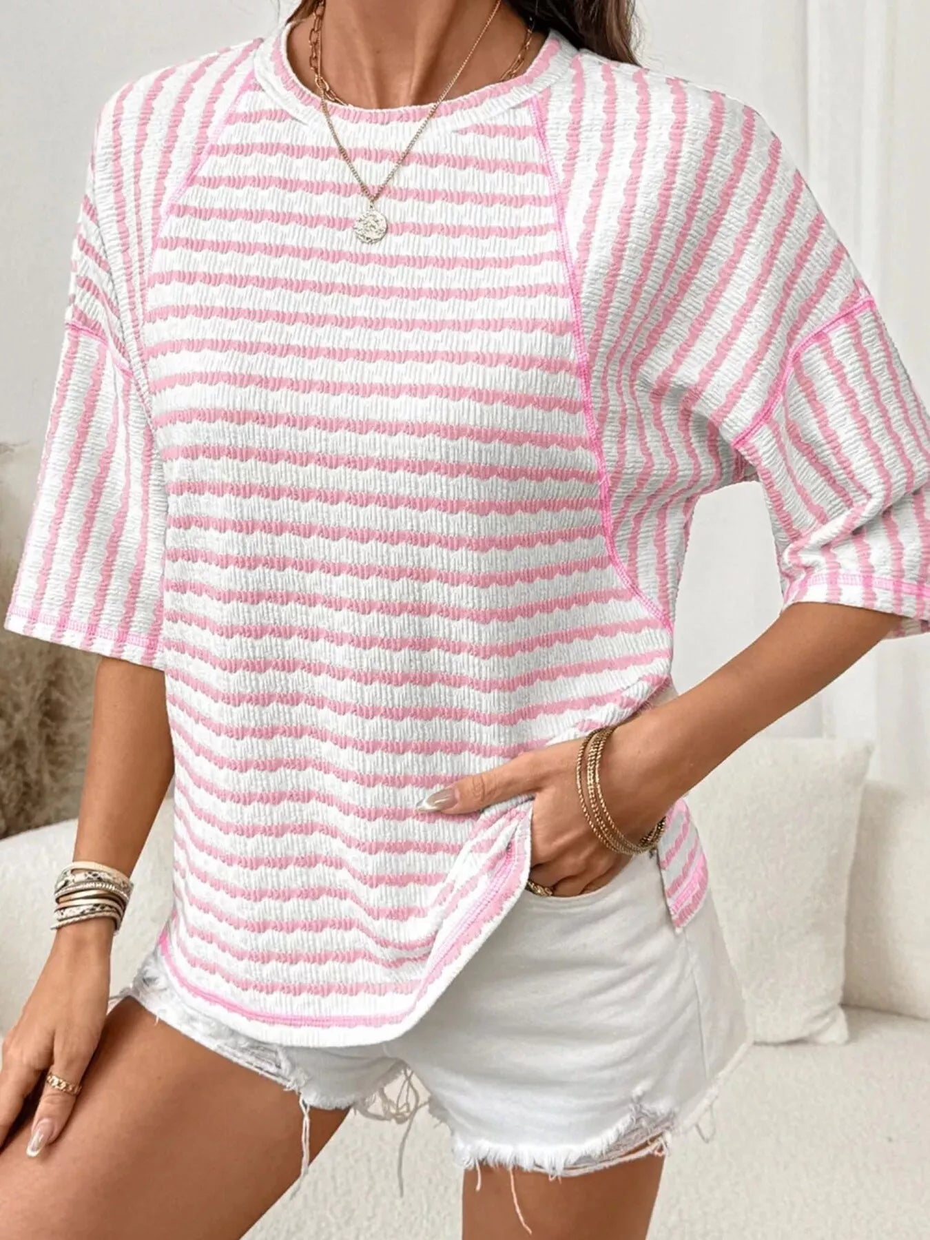 Trendsi Casual Striped Raglan Sleeve Textured T-Shirt -