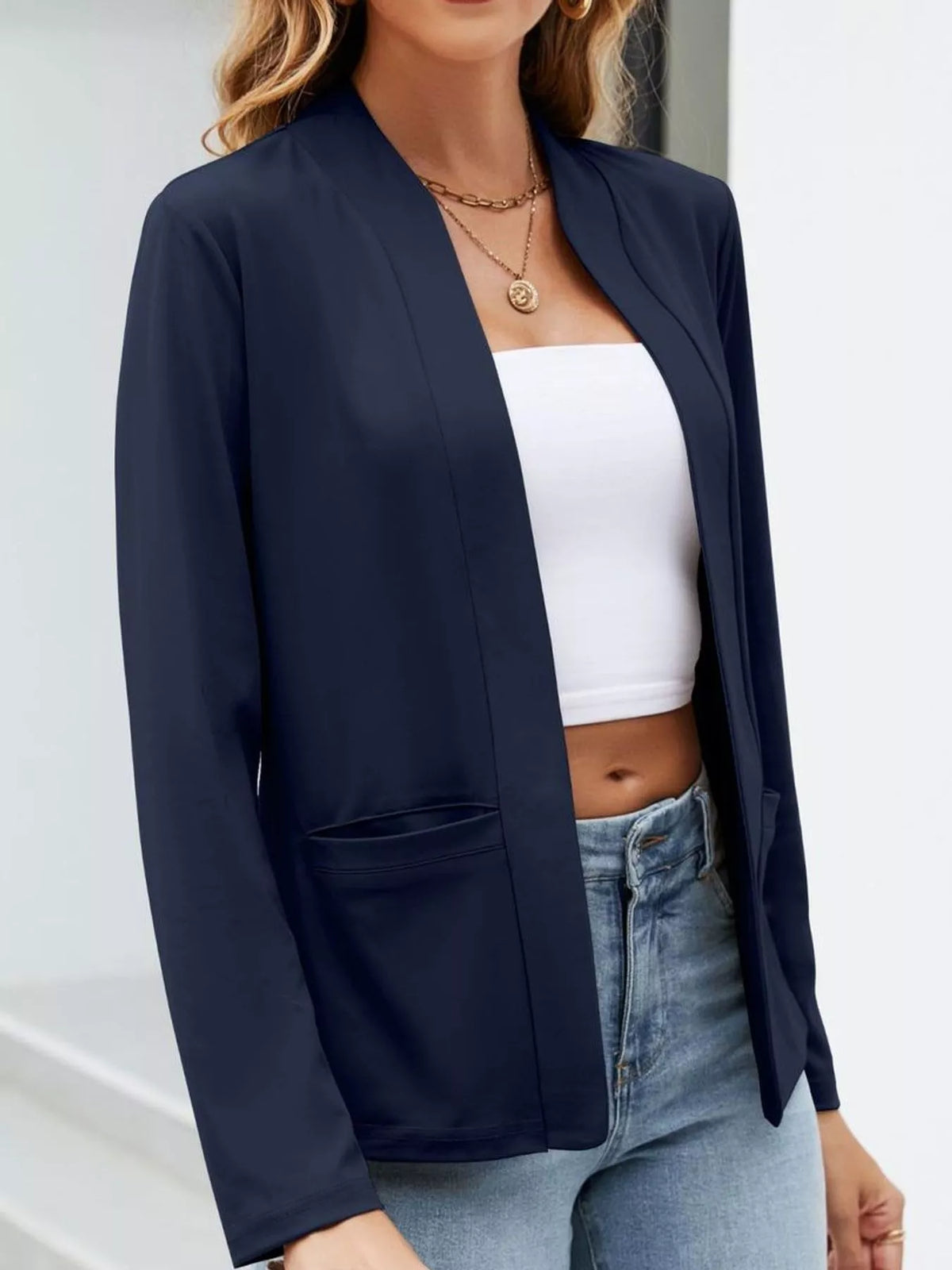 Mandarin neck long sleeve blazer, front view on model