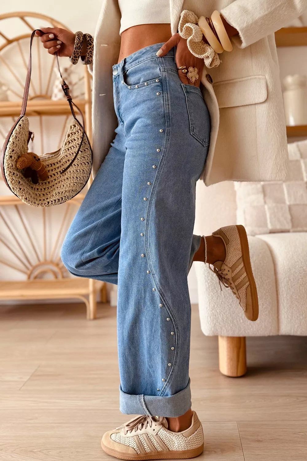 Trendsi Side Seam Rivet Detail Ankle Length Casual Jeans -