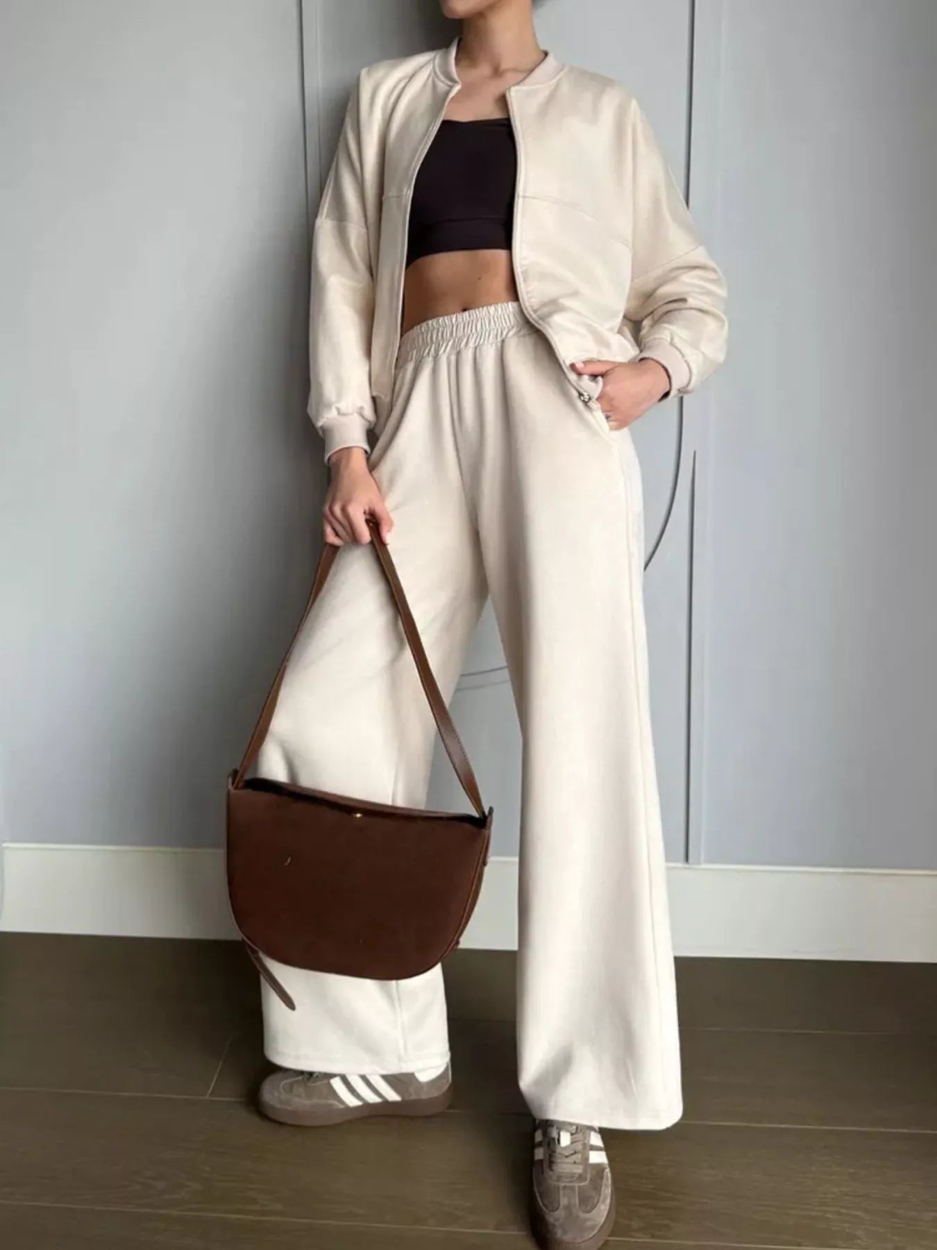 Trendsi Zip Up Sweatshirt and Wide-Leg Pants Set -