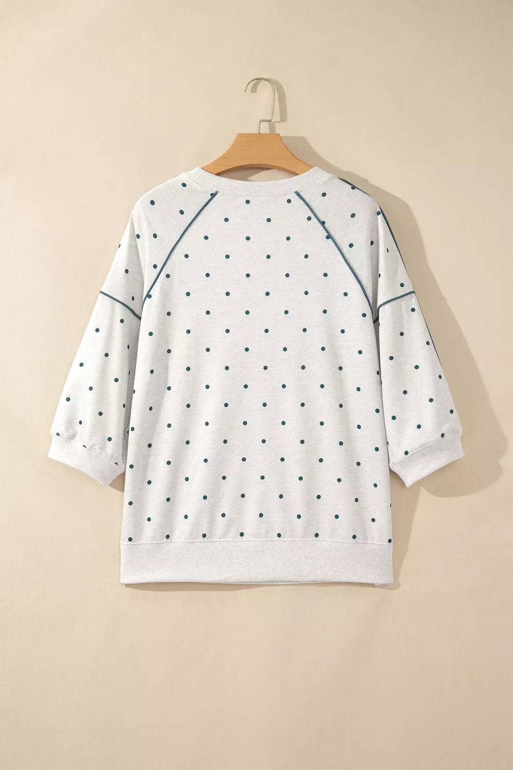 Trendsi Polka Dot Print Piping Trim 3/4 Sleeve Relaxed Top -
