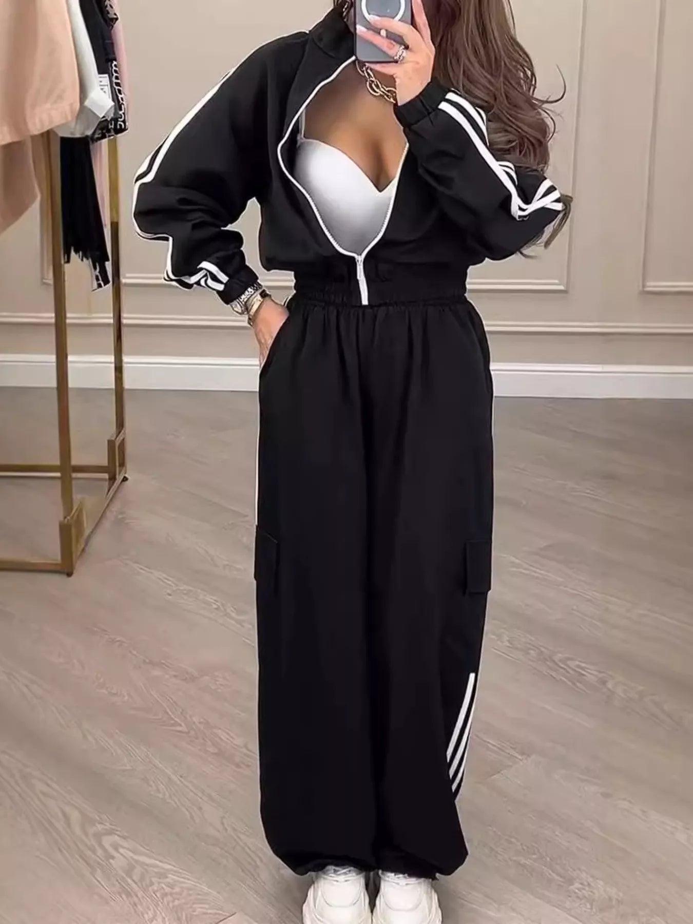 Trendsi Full Size Side Striped Zip Up Outerwear and Pants Set Plus Size -