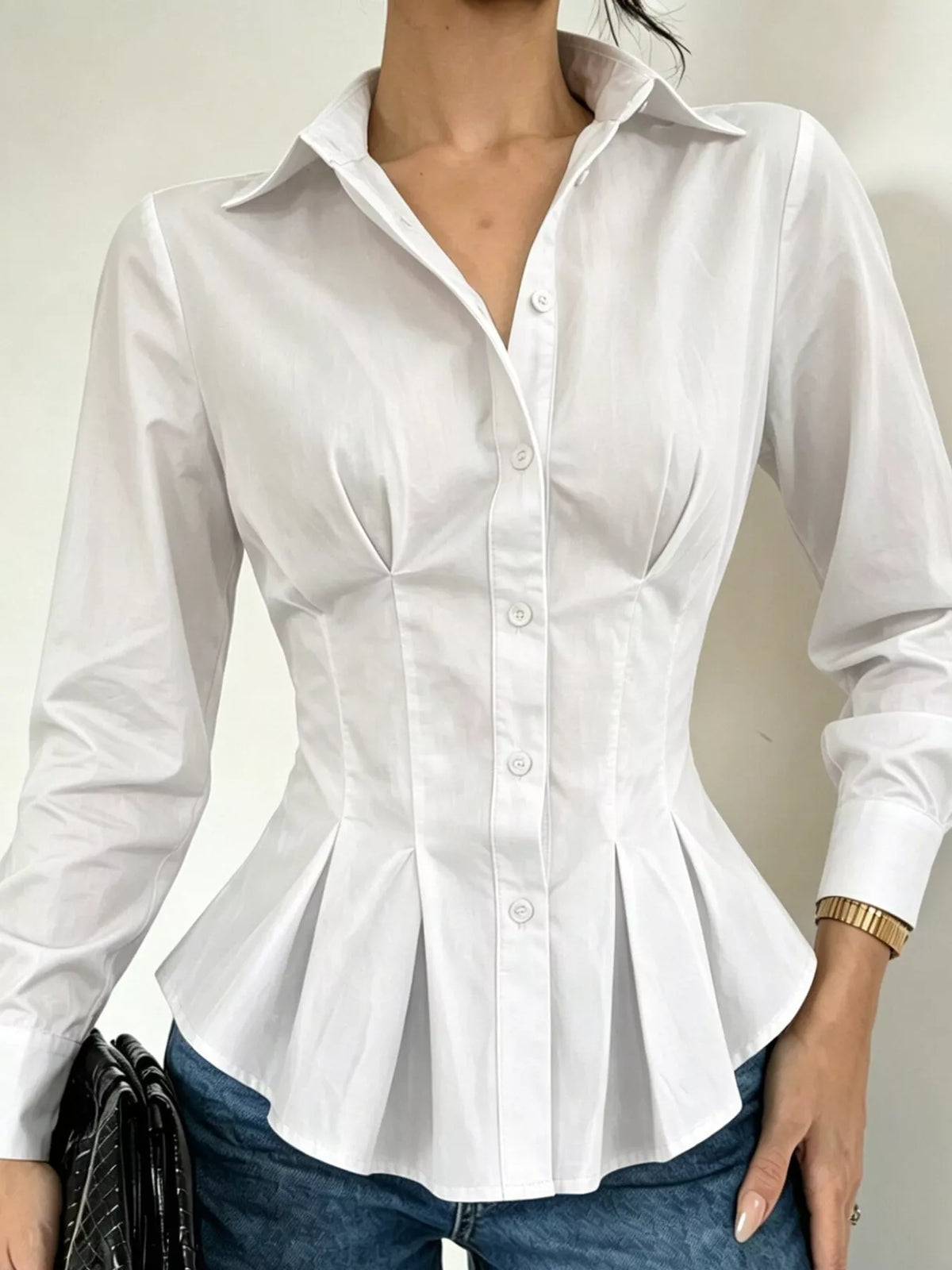 Button-Down Peplum Blouse with Fitted Waist, front view