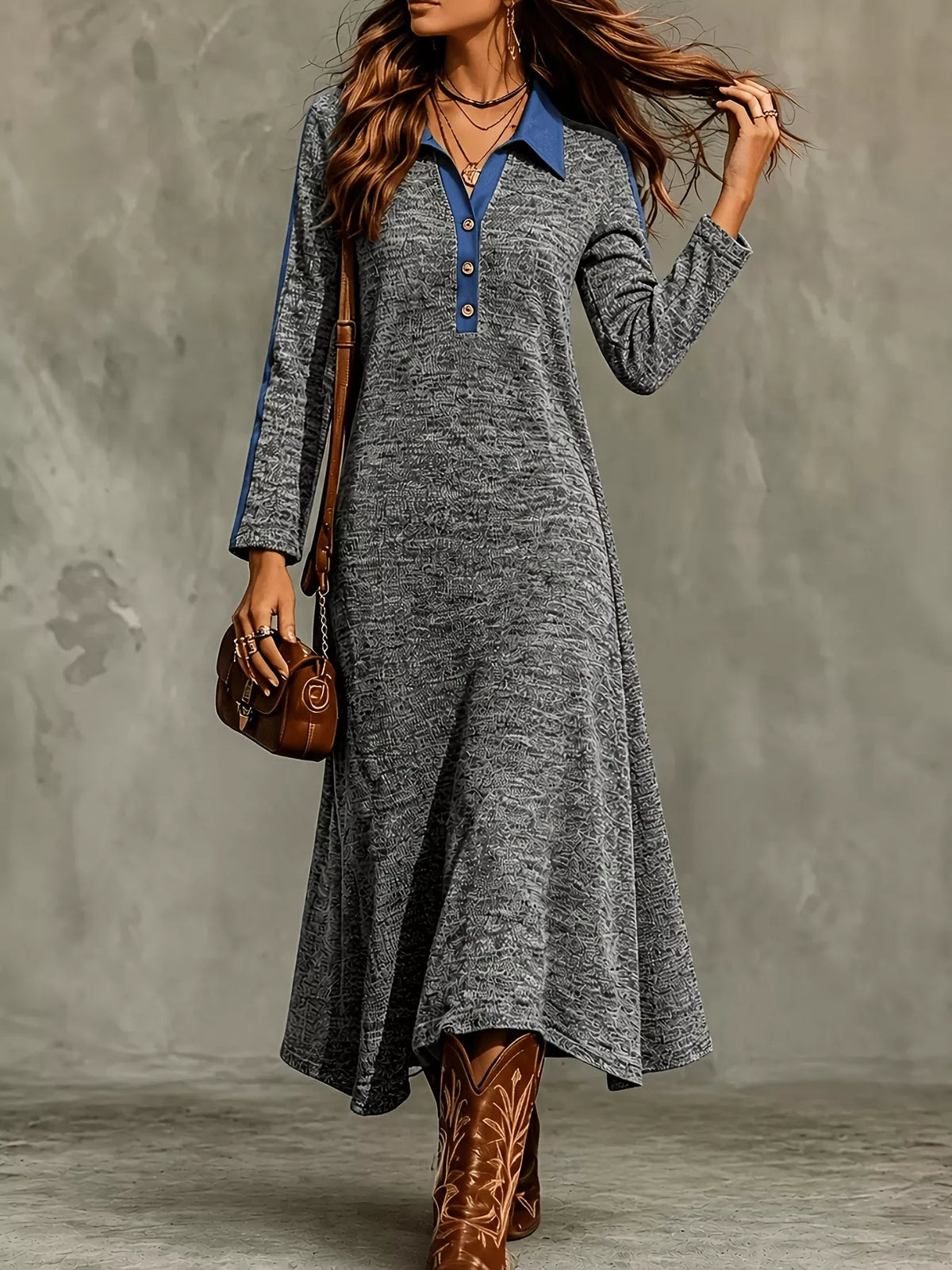 Colorblock Polo Collar Long Sleeve Sweater Dress — front view