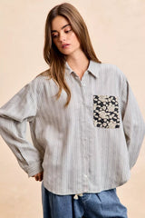 Trendsi BiBi Flower Jacquard Knit Patch Pocket Stripe Shirt -