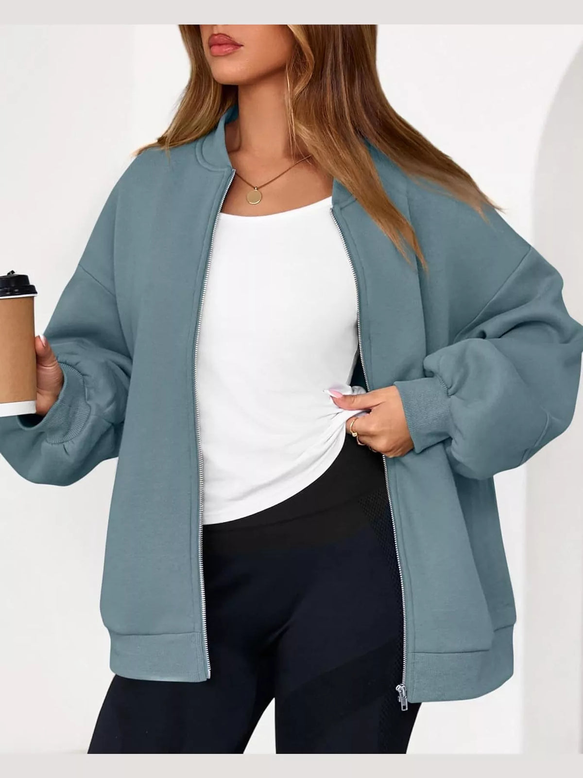 Blue-gray oversized zip-up jacket — front view