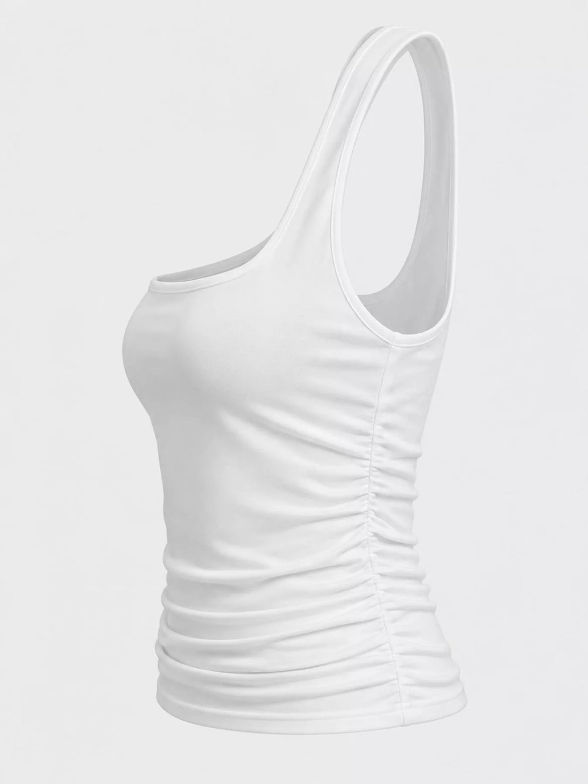 White square neck ruched slim fit tank top, side view
