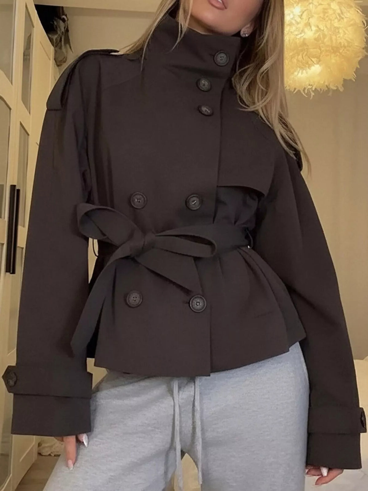 Women's Double-Breasted Belted Trench Coat in brown — front view
