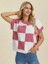 Trendsi Double Take Full Size Checkered Round Neck Short Sleeve Sweater -