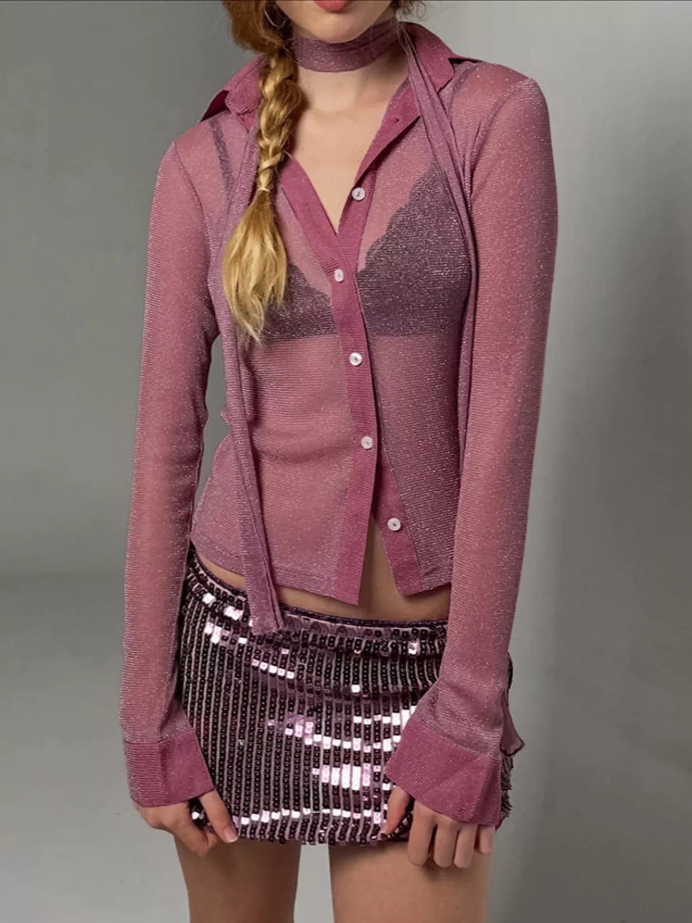 Trendsi Button Down Long Sleeve Shirt with Scarf -