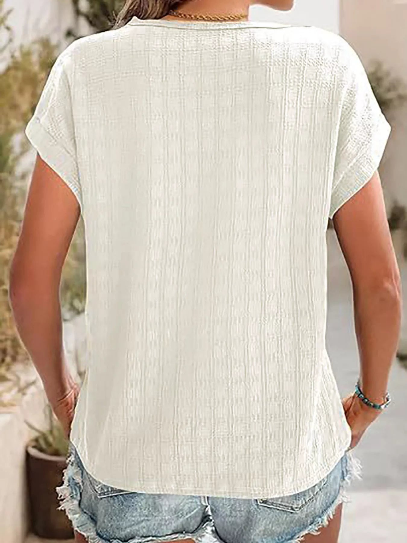 Trendsi Textured Round Neck Short Sleeve Top -