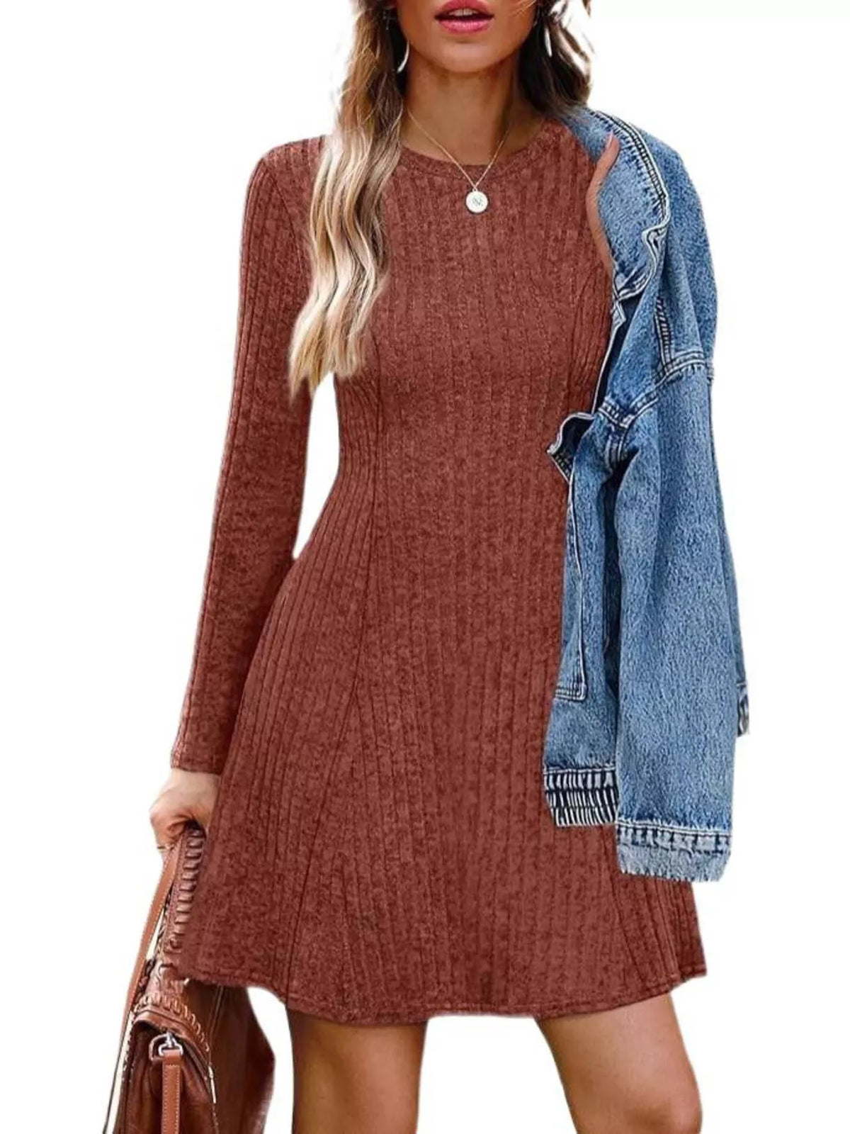 Rust ribbed knit dress
