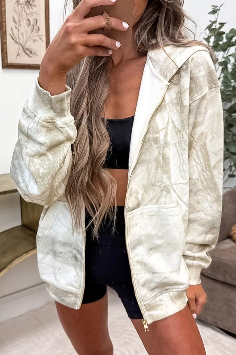 Women's Tie-Dye Zip-Up Hoodie with Pockets in Beige, front view