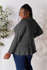 Trendsi Double Take Half Button Long Sleeve Ruffle Hem Blouse - Pants