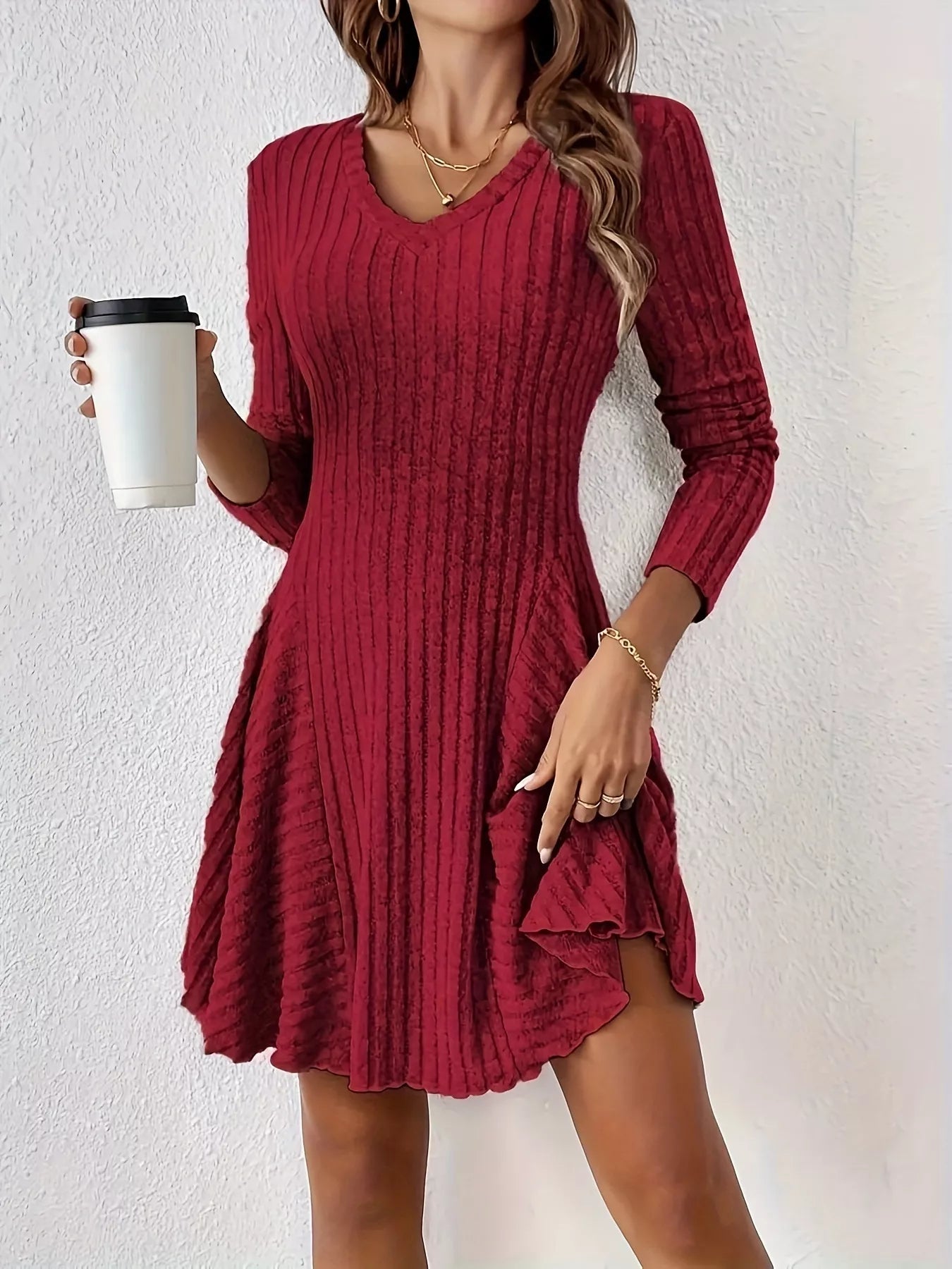 Trendsi V-Neck Ribbed Knit Flared Knit Dress -
