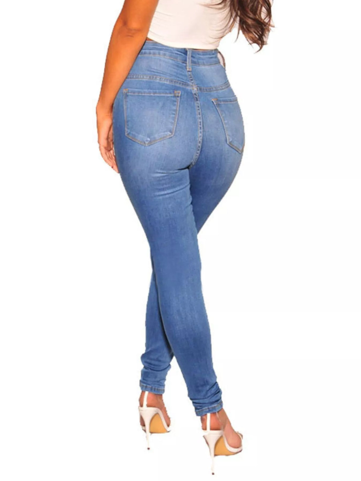 High-Waisted Skinny Jeans in blue, back view