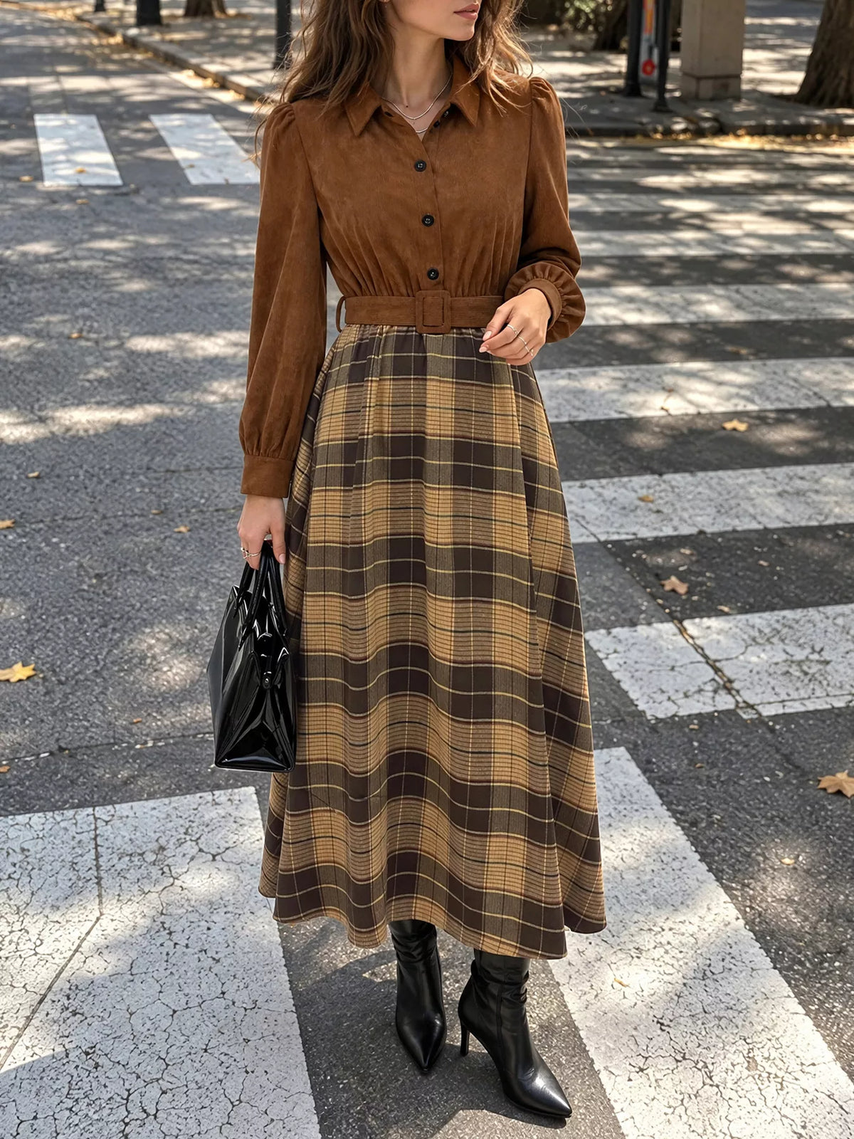Corduroy Patchwork Plaid Midi Dress — front view