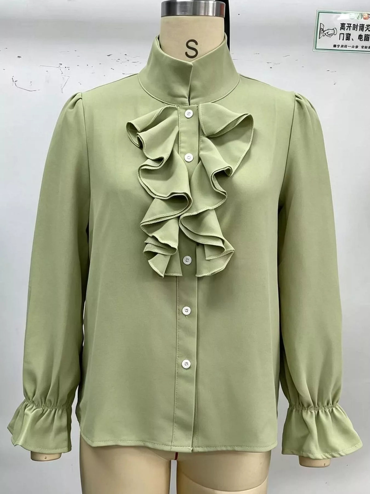 Ruffled Stand-Collar Blouse with Long Lantern Sleeves, front view