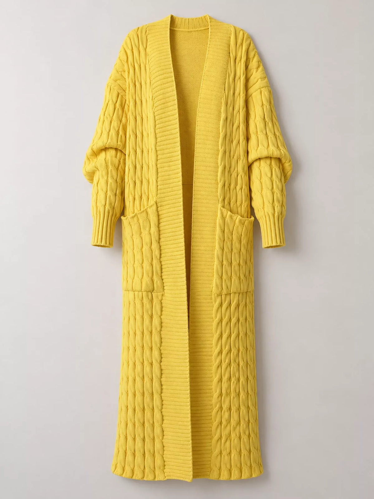 Yellow cable-knit longline open-front cardigan, back view
