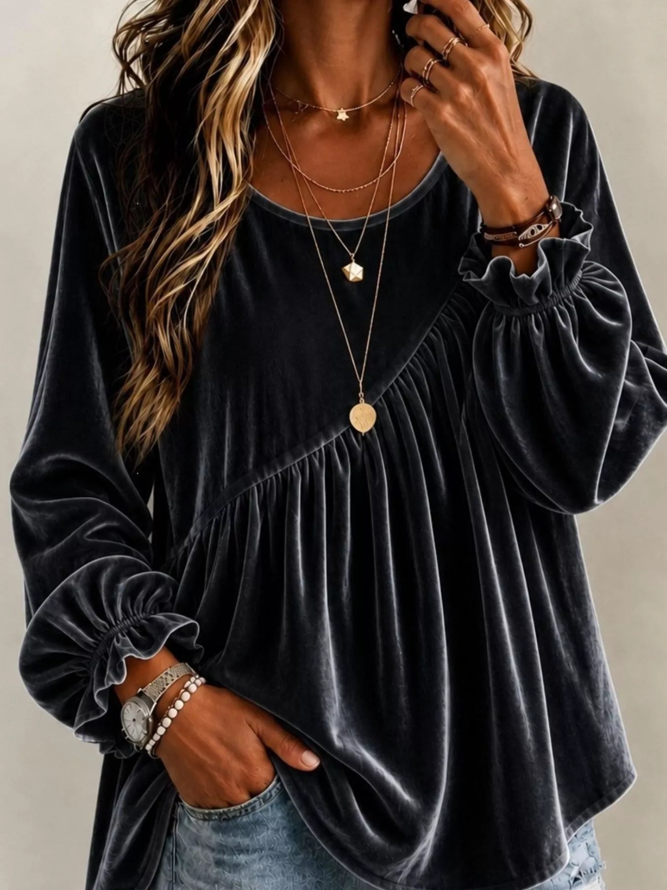 Trendsi Full Size Velvet Round Neck Long Sleeve Blouse Plus Size -