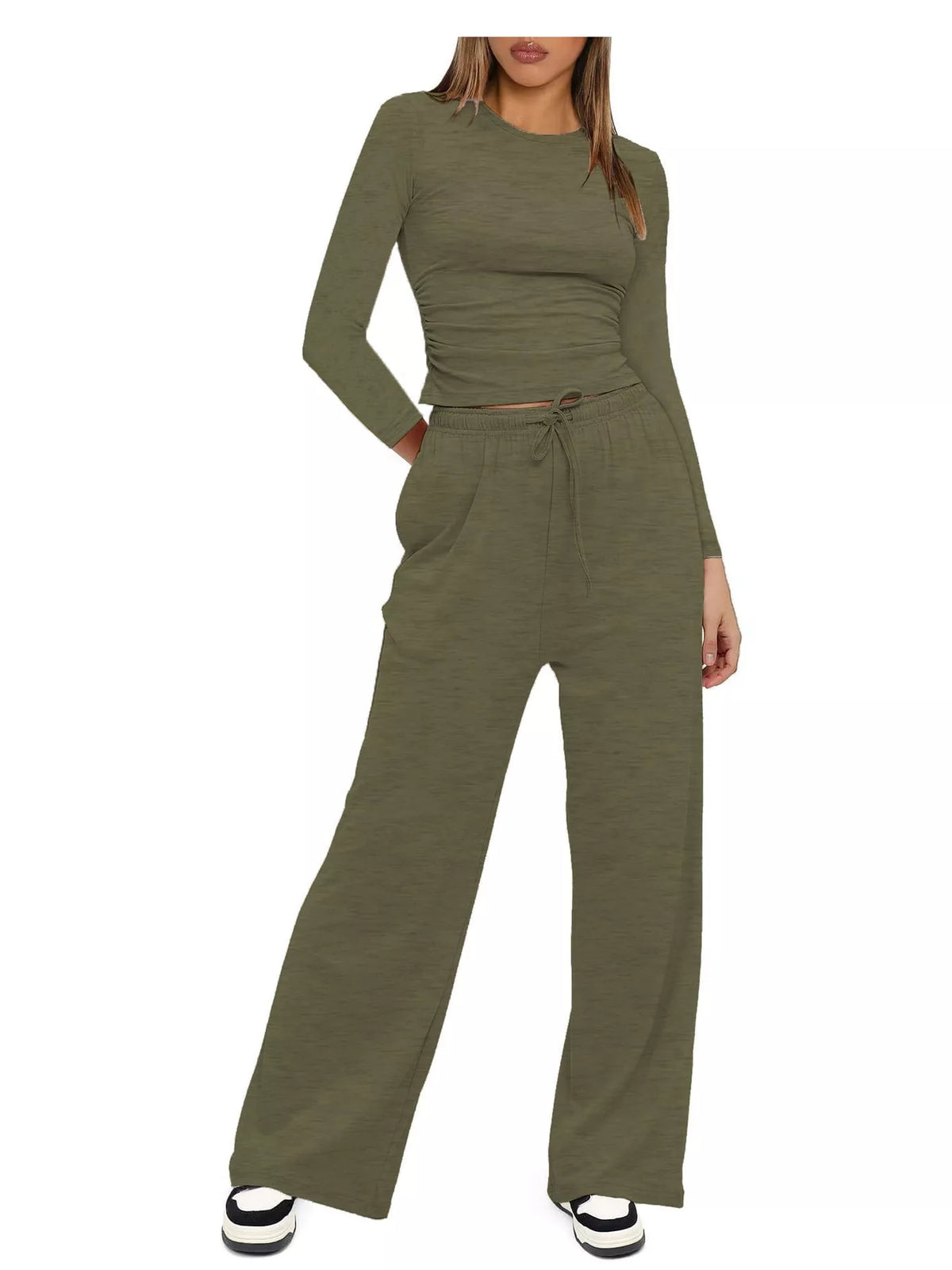 Long Sleeve Ruched Top and Wide-Leg Drawstring Pants Set — front view
