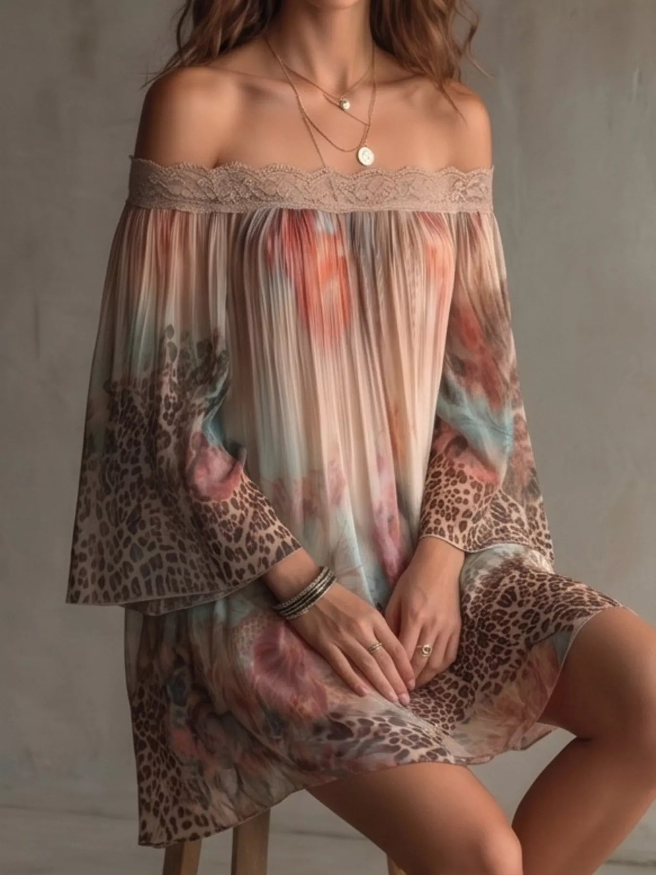 Trendsi Off-Shoulder Lace-Trimmed Floral and Leopard Print Mini Dress -