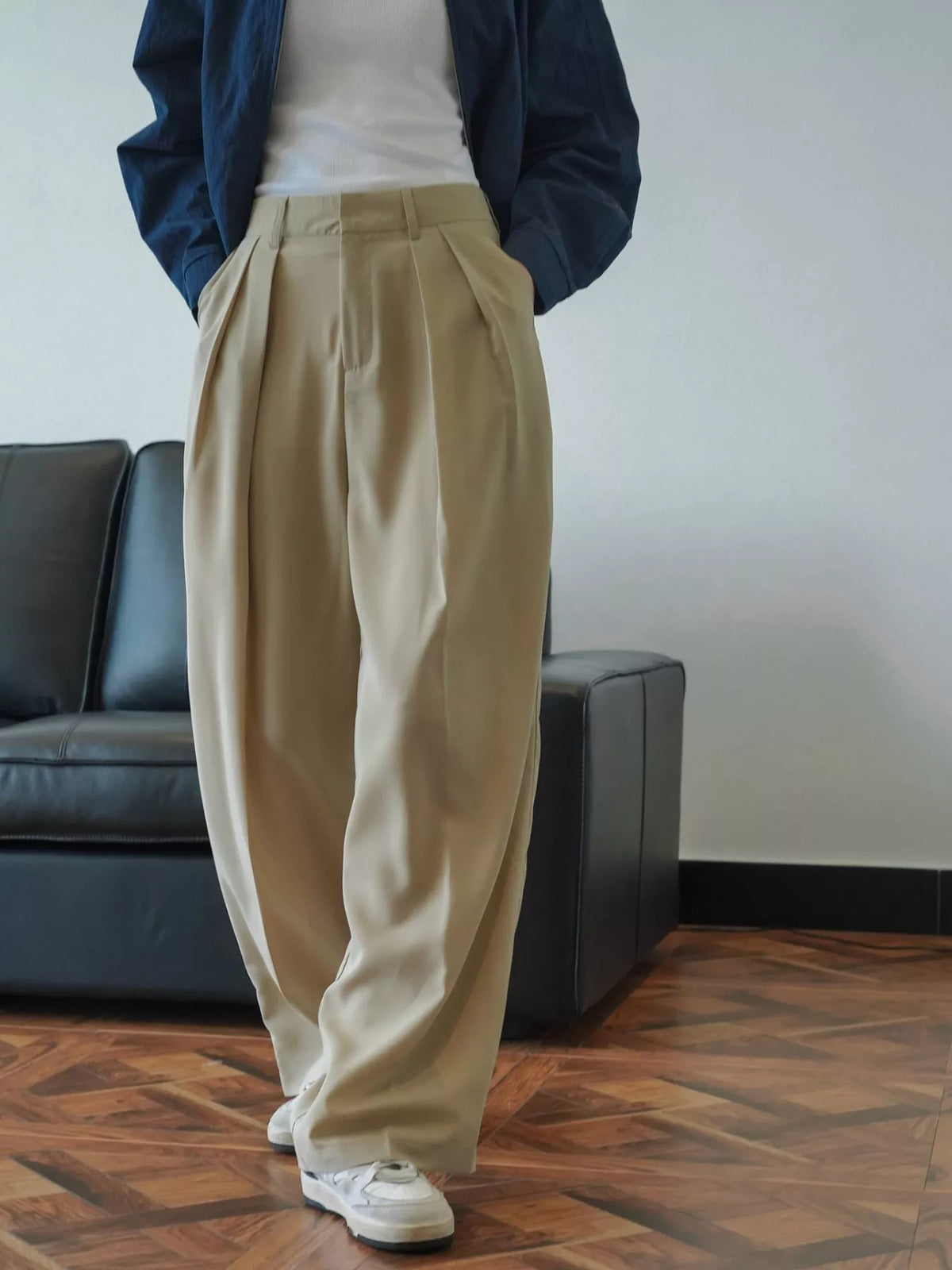 Women's High-Waisted Pleated Wide-Leg Pants in beige — front view