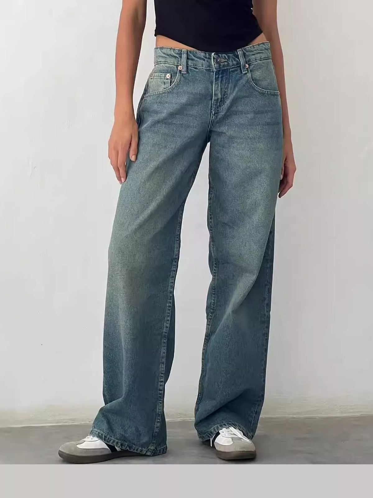 Vintage Wash Low-Rise Wide-Leg Jeans — front view