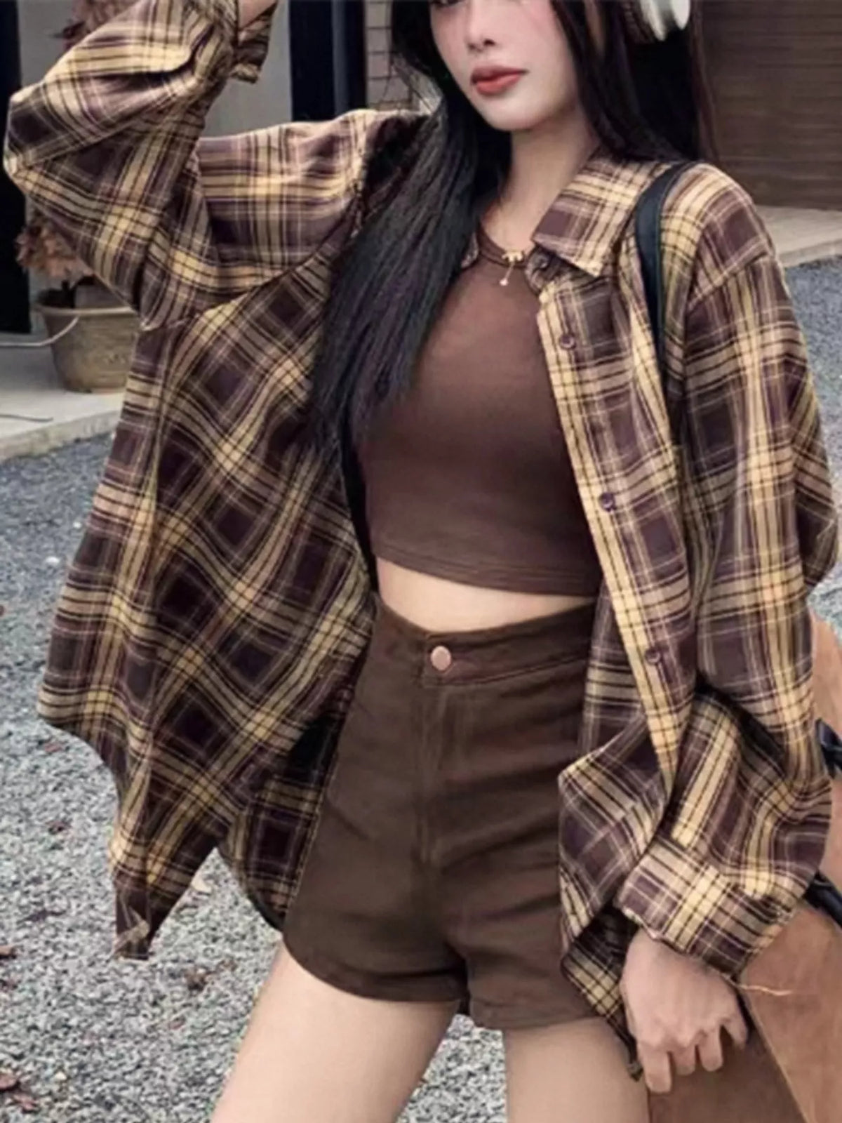 Brown and cream loose-fit plaid shirt
