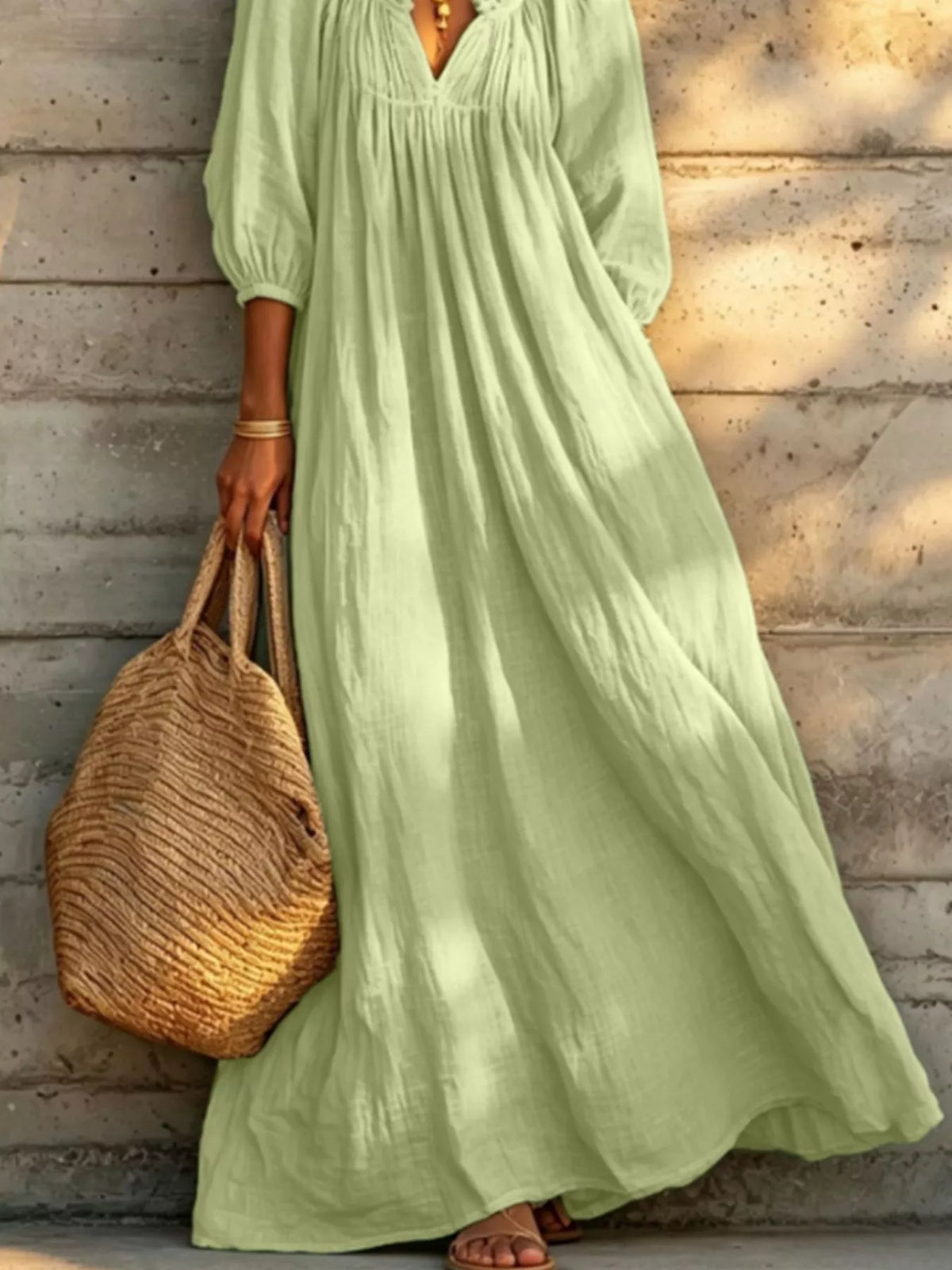 Tiered notched 3/4 sleeve maxi dress