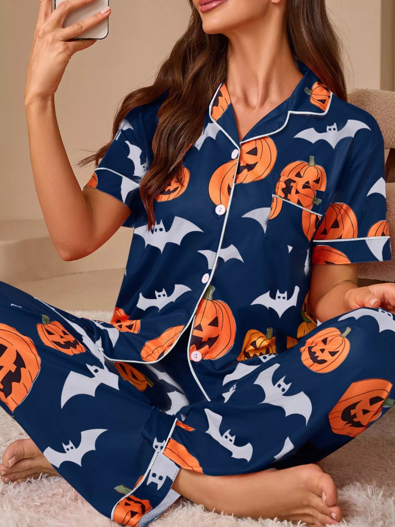 Trendsi Halloween Pumpkin and Bat Print Button-Down Top and Pants Lounge Set -