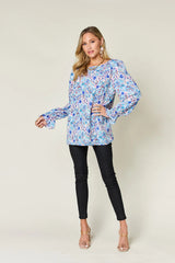 Trendsi Double Take Full Size Printed Flounce Sleeve Blouse - Shirts