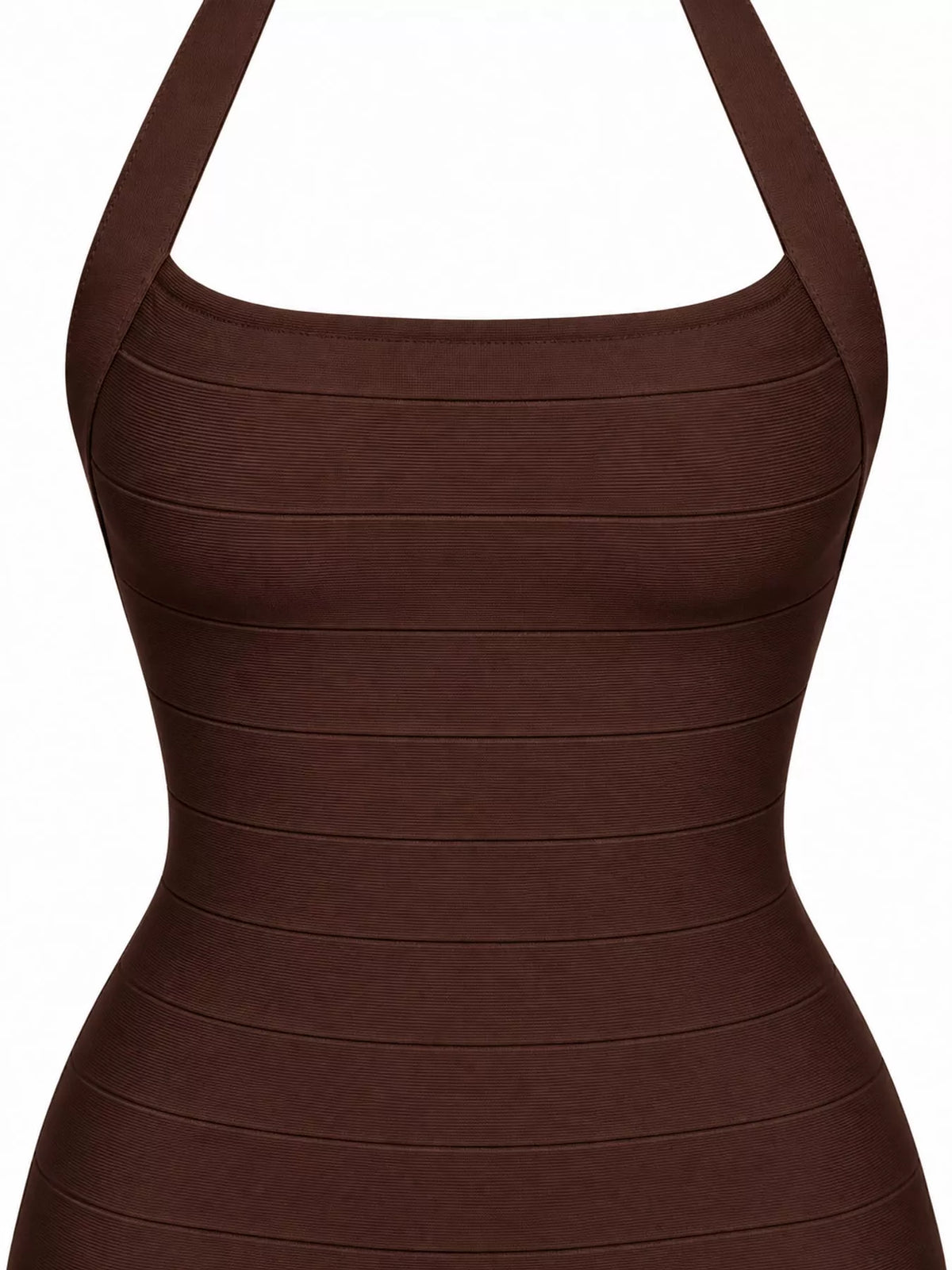 Dark brown halter neck bodycon dress, detail view
