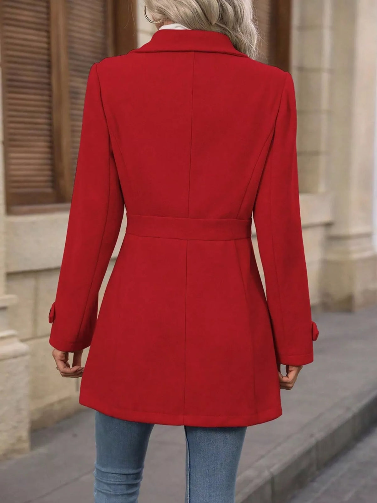 Red single-breasted coat, back view