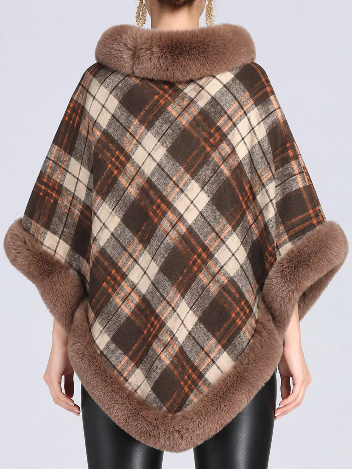 Khaki-Plaid plaid faux fur trimmed poncho cape, back view